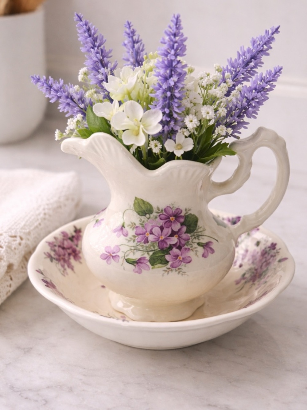 Vintage Made in England Floral Pitcher & Bowl Violet Pattern Cottagecore